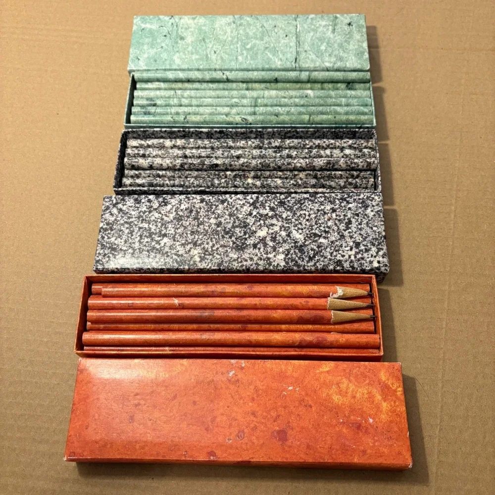 Set of 31 Pencils in Boxes Marble Granite Orange Design Vintage Collectible‎